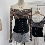 The Real Shot Of The Hottie Shoulder Mesh Hot Diamond To Receive The Belt Strap Horn Long Sleeve Top Short T-Shirt 2760