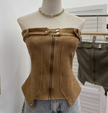 Real-Patring Zipper Open-Shirt With Bra Hottie Wrapped Breast Sexy Outer Wear Vest Short Irregular Sleeveless Top 2770