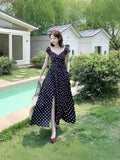 Korean Sweet High-End Feeling Dot Dress Woman 2025 Summer New Folded Waist Thin Temperament Long Dress