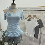Real Shooting Pop Point Tie With Hanging Neck Slanted Shoulder Short Sleeve Blouse With Elastic Short T-Shirt Girl 2850