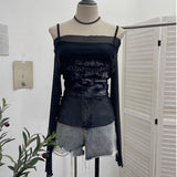 Real Shooting Spice Girls Shoulder Mesh Sun Hooded Sling Sling Long-Sleeved T-Shirt Top Two Sets Of Women 8862