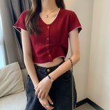 Summer New Korean Button Design Short-Sleeved Set Thin Knit T-Shirt Girl Skinny Umbilled Short Top