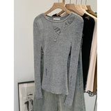 Commuting Pure Babes Hollow Wool Irregular Long-Sleeved Female Commuting Spring And Autumn New Thin Lazy Top