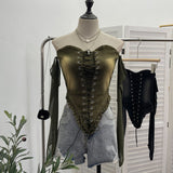 Hottie Sexy Tset Blouse Irregular Cowboy Splicing Mesh Yarn Tie With Short T-Shirt 6105