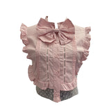 Real Shot Pink Bow Sweet Lotus Leaf Edge Sleeveless Top On The Side Of The Splicing Mesh Screen See-Through Sexy Shirt 2855