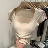 2026 Early Spring Temperament Explosion With Breast Pad Hottie Collar Shoulder Short-Sleeved T-Shirt New Summer