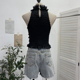 Real Shooting Guangzhou Women's Clothing Hanging Neck Vest Bow Layer Lace Splicing Short Sleeveless Top 2858