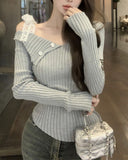 Pure-Style Sexy Design Sense Of Irregular Long-Sleeved T-Shirt Slanted Shoulder Slimming Niche Unique Knitted Shirt Top