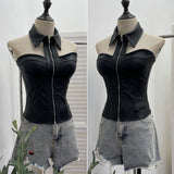 Real Shot With Chest Pad Hanging Neck Sling Vest Babes Design Pu Skin Tight Short Sleeveless Top Woman 1359