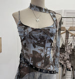 Spice Girls Newspaper Tie-Dye Printing Net Waste Vest Irregular Rope Ribbon 1197