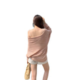 Autumn Lazy Wind Shoulder-Slanted Shoulder Long-Sleeved Knitted Shirt Woman 2025 New Korean Atmosphere Wearing A Small Top