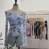 Real Shot Shoulder Strap Hanging Neck Pure Lust Wind Long-Sleeved T-Shirt Repair Cross-Folded Open Fork Short Top 9932