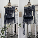 Real Shooting Mesh Collar Splicing Lace Two Long-Sleeved Coat Leaves Edge Ribbon T-Shirt Woman 1323