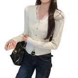 Beautiful Lace Splicing V-Neck Knitted Cardigan Sweater Women's Autumn Commute New Short Top