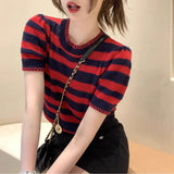 Sweet Hottie Black And White Striped Shoulder Short Sleeve T-Shirt Girl Summer Hollow Niche Knitted Shirt High-Waist Sexy Short Top