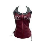 Real Shooting Babes Hanging Neck Pu Embroidered Sling Sling Vest One-Swaive Zipper Short Sleeveless Top 1366