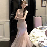 Pure Lust Breeze Broken Flower Net Yarn Sling Dress Femininity Summer Temperament Seaside Vacation Bag Hip Fishtail Long Skirt