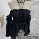 Han Jie Pure Want To Hang The Neck With A Word Shoulder Long Sleeve Blouse Folded Short Chiffon Shirt Female 9635