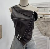 Slap Song Suit Hottie Buckle Irregular Zipper Slanted Shoulder Pu Coat Short Leather Vest Woman 2779