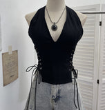 Deep V Hanging Neck With Chest Pad Sling On Both Sides Of The Strapped Open Fork-Lo-Back Zipper Short Babes Top 6310