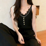 2026 Spice Girl Lace Lace Sling Vest Women Inside And Outside Wearing Repair Pearl Buttons Knitted Sleeveless Top