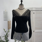 Real Shot With Chest Pad Mesh Splicing V-Neck Long Sleeve Bottom Shirt T-Shirt T-Shirt-Dressed Short-Sized Two-Piece T-Shirt Girl 2806
