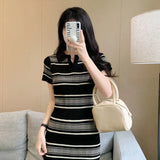 Striped Collar Short-Sleeved Knitted Dress Girl Summer Korean Version Sweet Cute Thin Waist Temperament Mid-Long Dress Girl