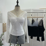Real Shot With Chest Pad Mesh Splicing V-Neck Long Sleeve Bottom Shirt T-Shirt T-Shirt-Dressed Short-Sized Two-Piece T-Shirt Girl 2806