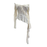 Design-Sensitive Hole Irregular Lotus Side Ribbon Shoulder Horn Long-Sleeved Top T-Shirt 9261