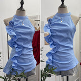 Spicy Design Sleeveless Leaves Three-Dimensional Flower Blouse Atmosphere Slimming Waist 1166