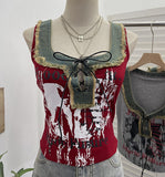 Real Shooting Hottie Hairy Denim Spliced Printed Vest With Bows Short Sleeveless Top 8926