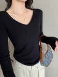 Gray V-Neck Bottom Shirt Women's New Tattoo Sweater Wearing Long-Sleeved Knitting Spring And Autumn Blouse
