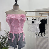 Real Shooting Pure Wind Lotus Leaf Side With A Word Shoulder Bra Small Vest Short Three-Dimensional Flowers Sleeveless Top 8856