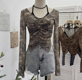 Hanging Neck Tie With Fake Two-Piece Mesh Printed Long-Sleeved Top Irregular Folding Repair Short T-Shirt 8877