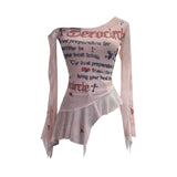 Tie Tie Net Yarn Oblique Shoulder Babes Sexy Body-On-Sleeve Horn Irregular Top 9955