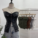 Real Shooting Hottie Retro Tender With Chest Pad Wrapped Bra Zipper Design Smear Bra Vest Short Sleeveless Top 8968