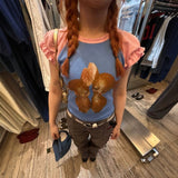Korean Retro Color-Print Short-Sleeved T-Shirt Girls Summer Slimming Animal Design Sense Casual Top