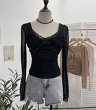 Pure-Want Wind Belt Chest Mat Lace Splicing Mesh Yarn Long-Sleeved T-Shirt Short Slim Top 2673