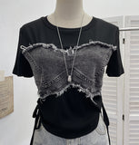 Fake Two Denim Hair Side Spliced Short-Sleeved T-Shirt Side-Swaist Lace With Short Repair Body Coat 26302