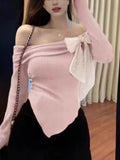 Small Fragrant Wind Bow Bottom Knitted Shirt Long Sleeve Autumn And Winter Single Shoulder Pure Desire Red Top Inside Put On The Inside