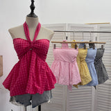 Real Shooting A Variety Of Wearing Striped With Bows Hanging Neck Bra Vest With Chest Cushion Lattice Sleeveless Short Top 9227