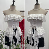 Real Shooting Hottie Belt Lotus Side Splicing Lace Bra Vest Word Shoulder Ribbon Short Coat 8013