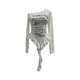 Spice Girl Letter Print Collar Long-Sleeved T-Shirt Girl Irregular Ribbon Ribbon On The Shoulder 2779