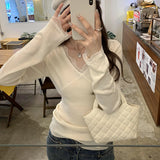 2025V Lace Splicing Temperament Long-Sleeved Knitting Bottom Shirt Women Autumn And Winter Korean Koi Special To The Top