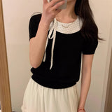 Korean Casual Fashion Doll-Necked Short-Sleeved T-Shirt Women 2026 Spring New Splicing Design Knitting Top