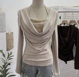 Fake Two-Piece Squint Hanging Neck Tie Long Sleeves Jersey Hottie Tops Body Folded T-Shirt 2829