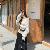 Ma Hua's Word Shoulder-To-Shoulder Knitted Shirt Woman Autumn Commute New Korean Lazy Wind Waist Top