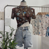 Real Shooting Retro Tie-Dye Double-Layer Mesh Half-High-Neck Short-Sleeved T-Shirt T-Shirt Short-Sleeved T-Shirted Woman 8833