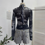 Single Special To The Net Yarn Design Sense Hanging Neck Top Cross Folded Repair Short T-Shirt 1178