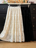 Gentle Wind Pure Color Hollow Lace Lace Dress Women Winter Lady Temperament High Waist Folds Big Swing Dress